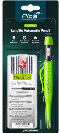 Pica Dry Bundle 30403 I Tieflochmarker 3030 + Spezial-Minen-Set 4030 | Mit Spitzer und Halteclip I Multi-Use Minen (10x grafit 2B) I nachfüllbar I Staub- und Nässeschutz.