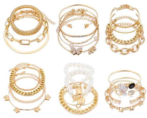 IFKM 6 PACK (24 PCS) Boho Gold Chain Bracelets Set for Women, 14K Gold Plated Multiple Layered Stackable Open Cuff Wrap Adjustable Link Italian Cuban Jewelry Gift