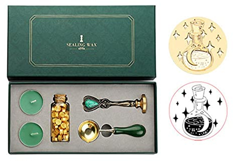 Vintage Siegelwachs Tablette Perlen Kerze abnehmbare Löffel Stempel Set mit Aufbewahrungsbox Kit DIY Umschlag Einladung Craft-Moon in Flasche, Großbritannien