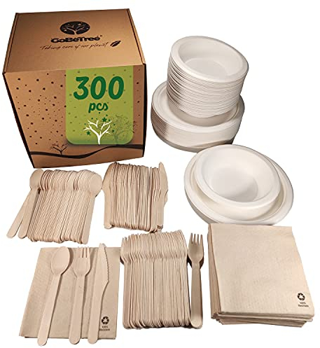 Vaisselle jetable de 300 pièces pour 50 personnes. Vaisselle écologique en canne à sucre, comprenant 50 assiettes, 50 bols, 150 couverts en bois et 50 serviettes