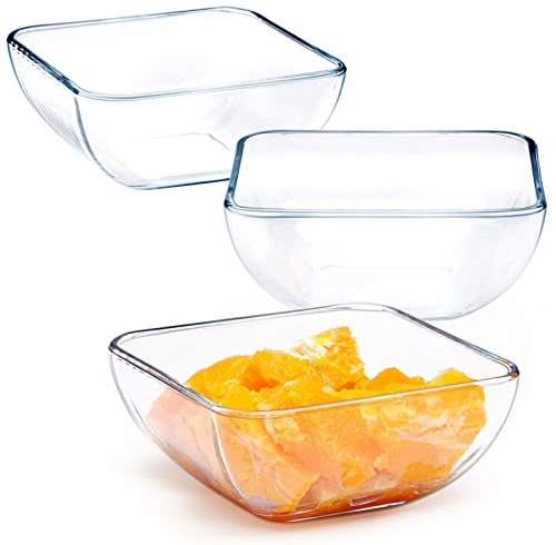 NUTRIUPS 6 inch Deep Square Glass Bowl Set of 3, 27oz Clear Tempered Glass Serving Bowls Microwave and Oven Safe, Glass Cereal Bowl Set