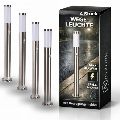 Novatool 4X Wegeleuchte I 80 cm I mit Bewegungsmelder I Edelstahl I IP44 I E27 Sockel I Wegebeleuchtung aussen Aussenleuchten Garten Standleuchte Terassenleuchte Gartenleuchte stehend