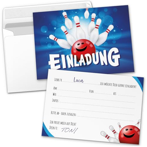 8 Einladungskarten Kindergeburtstag mit Umschlägen, Bowling Bowlen gehen, Karte Geburtstag Einladung zum Ausfüllen