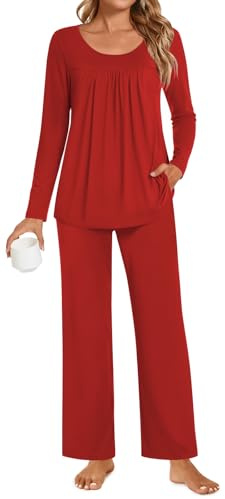 POPYOUNG Ladies Pyjamas 2 Piece Pjs for Women Sets Fall-Winter Long Sleeve Lounge Sets Long Pants Sleepwear L, Red