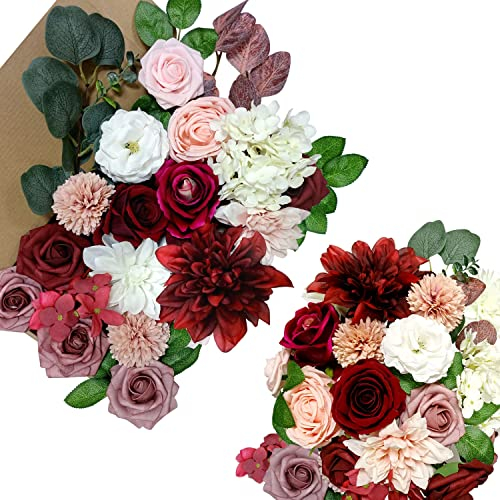 OrgMemory Artificial Flowers, Foam Fake Combo Box Set, Flowers with Stems, for DIY Floral Arrangements Bouquets Wedding Party Home Baby Shower Decor (Dusty Rose Burgundy)