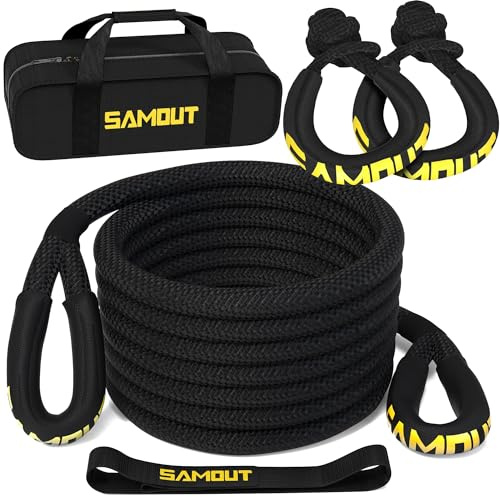SAMOUT Cuerda de recuperación cinética (21,772.4 kg 2.5 cm x 9.1 m) + 2 grilletes Suaves sintéticos, 30% de Elasticidad Extrema para vehículos Todoterreno 4x4