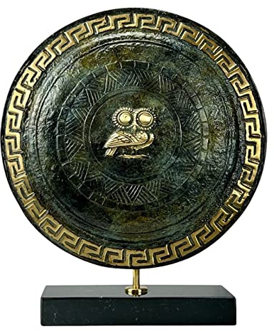 Escudo de Atenea con búho de bronce real, escultura artística hecha a mano en Grecia