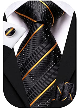 Hi-Tie Men's 70 Extra Long Ties Black and Gold Silk Striped Formal Necktie Pocket Square Cufflinks Set for Wedding Business
