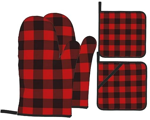 Ofenhandschuhe und Topflappen, kariert, rot und schwarz, hitzebeständig, Ofenhandschuhe und Topflappen, Grillhandschuhe, Hot Pads, Kochhandschuhe für Küche, Backen, Grillen, 4-teiliges Set