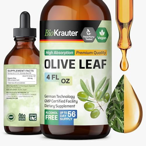 BIO KRAUTER® Olive Leaf Extract for Immune Support - Pure Vegan Oleuropein & Hydroxytyrosol Supplement - Used for Daily Wellness & Antioxidant Support - Alcohol & Sugar Free, 4 Fl.Oz 56-Day Supply