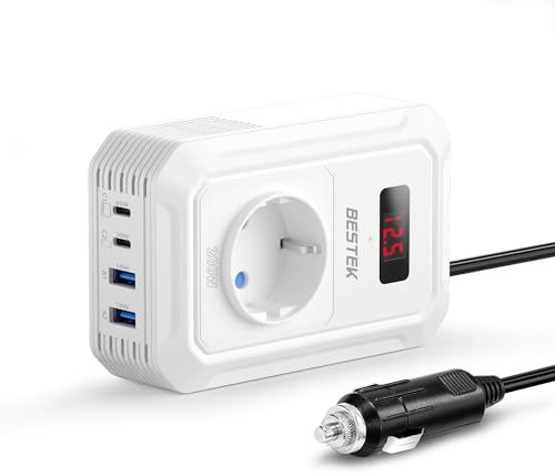 BESTEK Convertisseur 12v 220v 230v 240v 200W Prise Allume Cigare Transformateur de Tension,4 Ports USB et 1 Prises EU, Chargeur Voiture Camping Car avec Multi Protections (Blanc)