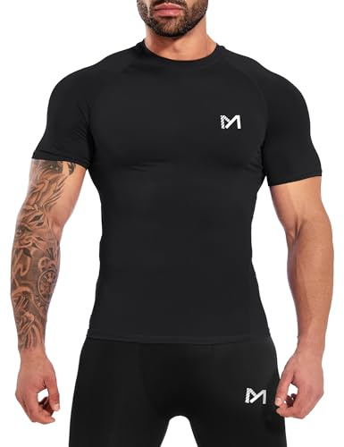 MEETYOO Camicia a Compressione da Uomo Maniche Corte, Traspirante Asciugatura Rapida per Fitness Running Palestra Corsa Allenamento Crossfit, Nero,L