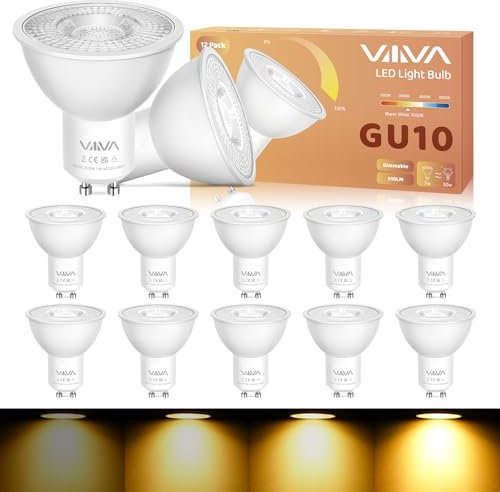 VIIIVA GU10 Led Bulbs Warm White Dimmable-12 Packs,7W 3000K Spotlight Light Bulb, (50W Equivalent) Energy Saving, CRI>80, 510LM, 38° Beam Angle, Non-Flicker, for Home Lighting