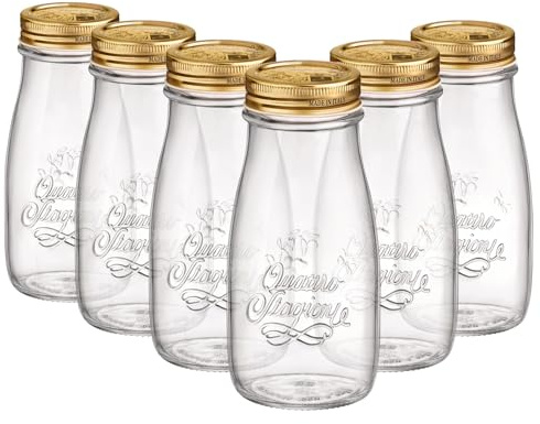 Bormioli Rocco Quattro Stagioni Glass Bottles with Screw Top Lid - Pack of 6-400ml - Clear Reusable Juice Water Smoothie Drink Fridge Storage Containers