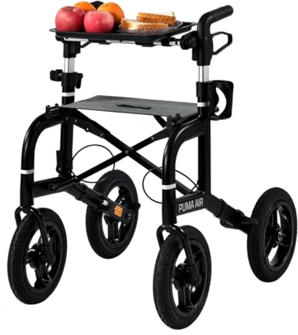 FabaCare Outdoor-Rollator mit Tablett Feststellbremse, Aluminium-Rollator, Leichtgewichtrollator, Puma Air Luftbereifung, faltbar, abnehmbar Tasche Rückengurt Stockhalter Getränkehalter, matt-schwarz