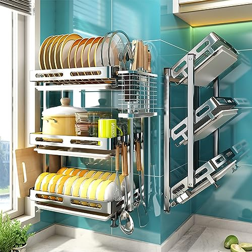 Scolapiatti da parete a 3 ripiani, in acciaio inox, con vassoio antigoccia per bancone della cucina, ripiano pieghevole con porta utensili e supporto per tagliere