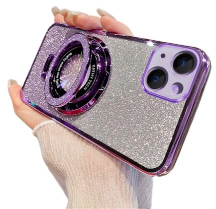 IMEIKONST Glitter Case for iPhone 16, Electroplate Flash Shell for Girls Women Ring Stand Function Camera Protector Shockproof Transparent TPU Cover for iPhone 16. Purple DS1