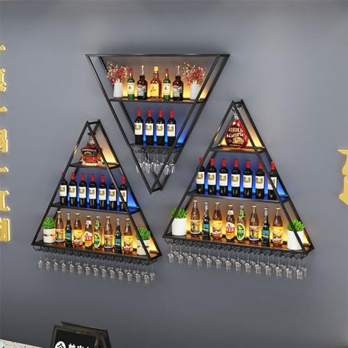 Weinregal Wand Metall mit Licht Flaschenregal Schmal Wine Rack Bar Regal Wand Weinschrank Barschrank Getränke Regal Mini Bar Vitrine Hängend mit Weinglashalter für Hausbar Esszimmer Küche Bartheke