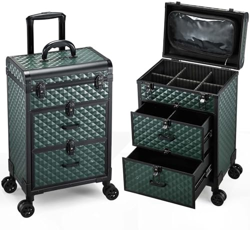 Adazzo Professional Rolling Makeup Train Case with Drawers, Makeup Case on Wheels, Nail Tech Rolling Cart Storage Organizer Trolley Make up Case for Travel Makeup/Nail Art/Hair Styling, Dark Green