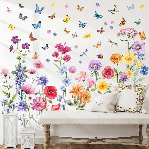 Garden Flower Wall Stickers - Butterfly, Daisy, Wildflower Plants Decals for Bedrooms, Living Room, Nursery, Home Office, Sofa Decorations