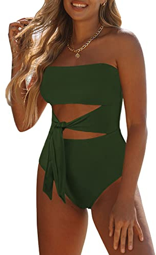 Pink Queen Damen Bandeau One Piece Badeanzug High Cut Bauchweg Trägerloser Tie Waist Monokini Bademode Dunkelgrün L