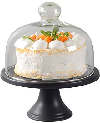 Matte Black Ceramic Cake Stand with Glass Cover and Transparent Dome Chip Dip Server and Cheese Platter 20.3 * 20.3 * 23.8CM