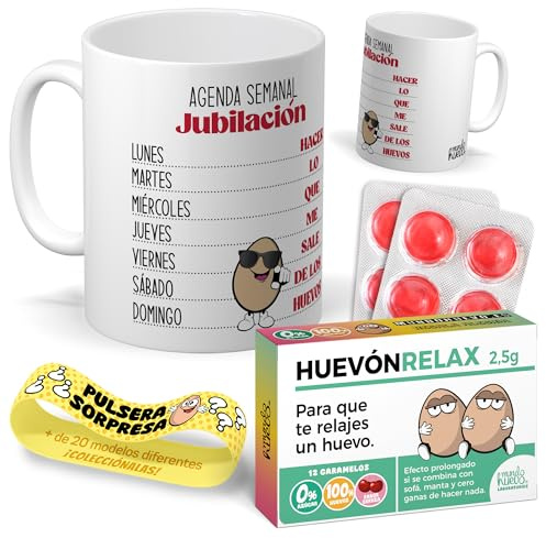 Kit regalo personalizado para familiares y amigos. | Taza Agenda semanal jubilación + Caramelos divertidos + Pulsera sorpresa | Regalo divertido, original y único para jubilación, cumpleaños, navidad…