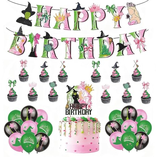 Tsangbaby 32PCS Wicked Party Decorations, Wicked Cake Topper Pink and Green Balloons Banner Cupcake Topper Set for Witch Princess Themed Movie Party Disco Cosplay Birthday Halloween Table Decor