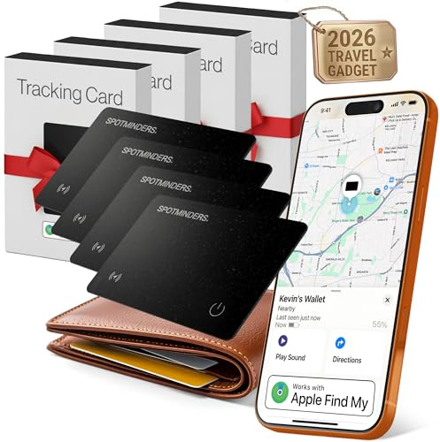 SPOTMINDERS Apple MFi Certified Wallet Tracking Card Black 4-Pack Travel Gifts for Him Works with Apple Find My Rechargeable Tracker IP68 Waterproof 0.07 Slim iPhone Item Finder for Luggage Passport