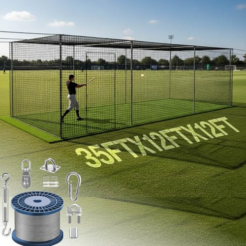 Invyxr 35FT Baseball Batting Cage Net with 165Ft Heavy Duty Batting Cage Netting Wire Tension Kit，for Home Backyard Outdoor Baseball and Softball Batting Cage Training All-Around Combination