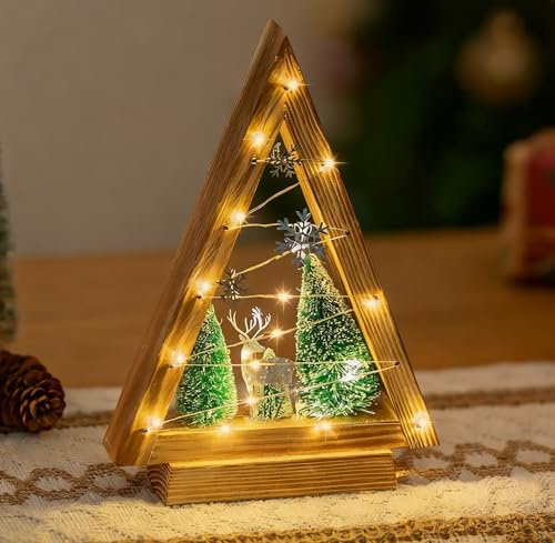 Hanobe Weihnachtsdeko Weihnachtsbaum Tisch Holz: Klein Weihnachten Baum Deko mit LED für Innen Retro Stehend Holzweihnachtsbaum Dekoration für Wohnzimmer Tischdeko