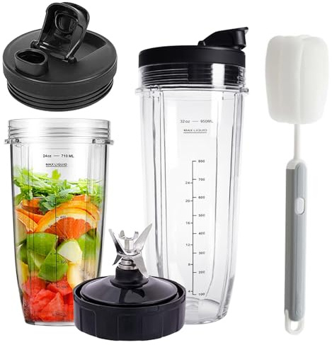 GAESHOW Kit di 2 Tazze per Frullatore da 32oz e 24oz, Parti di Ricambio per Frullatore con Coltelli da 7 Lati e Coperchio Portatile, per Nutri Ninja Pro Extractor Blade, con Spazzola Pulizia