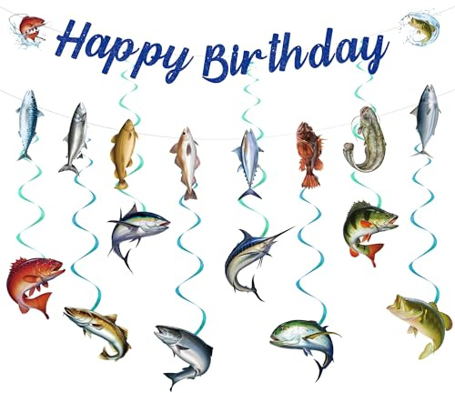 Angeln Geburtstag Banner Fische Dekorationen - 10 StüCk Gone Fishing Banner Girlande HäNgende Wirbel Fish Unterwasserwelt Meer Deko Für Kindergeburtstag Party Ruhestand Abschied Supplies