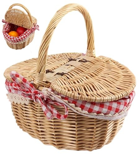 Panier de Pique-Nique avec Couvercle, paniers en Osier avec poignées et Doublure en Dentelle en Tissu pour la Collecte de Bonbons aux Fruits, Pique-Nique Mariage, Vie en Plein air.