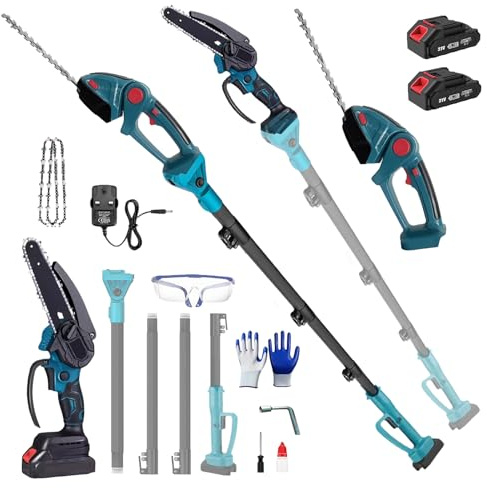 6 Zoll Mini Kettensäge & Akku Elektro Gartenschere, 4-in-1 Akku Hochentaster mit 2 x 4000mAh Akkus, Bürstenloser Motor, Elektro Hochentaster AstsäGe mit Teleskopstange für Baumschnitt Holzbearbeitung