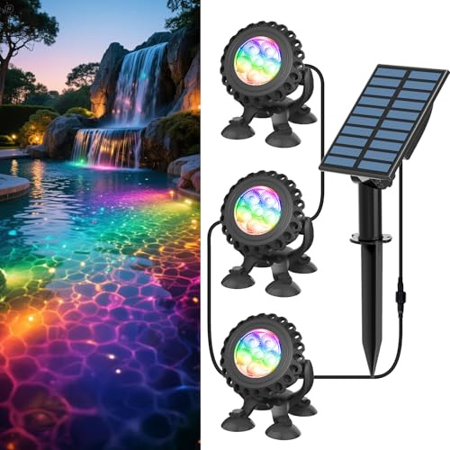 T-SUN Solar Pond Lights 3 Lamps Submersible Underwater Pond Lights RGB Color Changing IP68 Waterproof for Pond Garden Yard Patio Fountain Pool Waterfall
