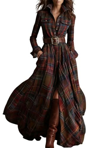 Generico Abito Camicia Maxi a Quadri Donna – Maniche Lunghe Collo a V con Colletto Bottoni Frontali Scollo Asimmetrico Flusso Stile Casual Elegante(1A-Red, S)