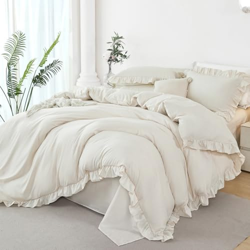 STYHO Ruffle Duvet Cover Set Single Size 2 Pcs Beige Ruffled Frills Duvet Set with Pillowcase Soft Rustic Boho Chic Design Plain Quilt Covers for All Season Use 135x200cm