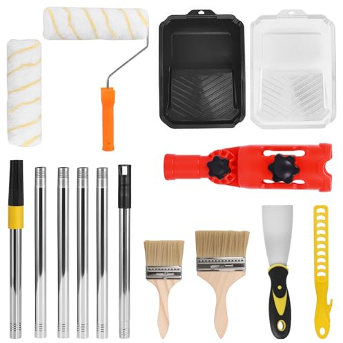 Paint Roller Set 16Pcs Paint Rollers and Trays Sets with Paint Brush & Tray | Paint Roller Set with 1.5M Extension Pole & 5 Roller, Microfiber Roller Cover for Painting Walls, Ceiling (Red)