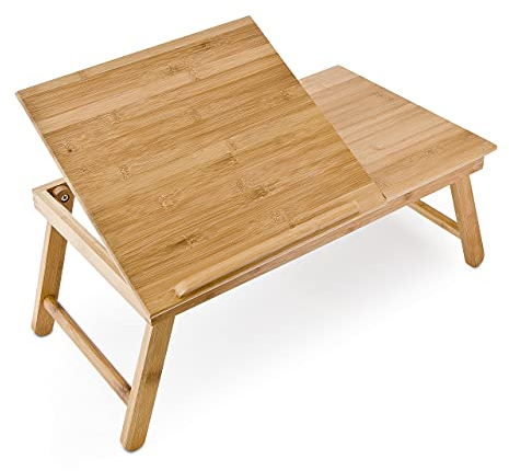 Relaxdays Laptoptisch aus Bambus HBT: 24 x 55 x 33 cm Beistelltisch mit praktischem Fach für Stifte oder Notizen verstellbarer Computertisch als Knietisch und Betttisch Notebooktisch aus Holz, natur