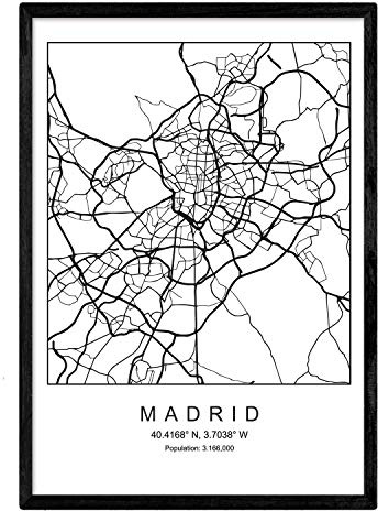 Lámina mapa de la ciudad Madrid estilo nordico en blanco y negro. Poster tamaño A4 Sin marco Impreso papel 250 gr. Cuadros, láminas y posters para salon y dormitorio