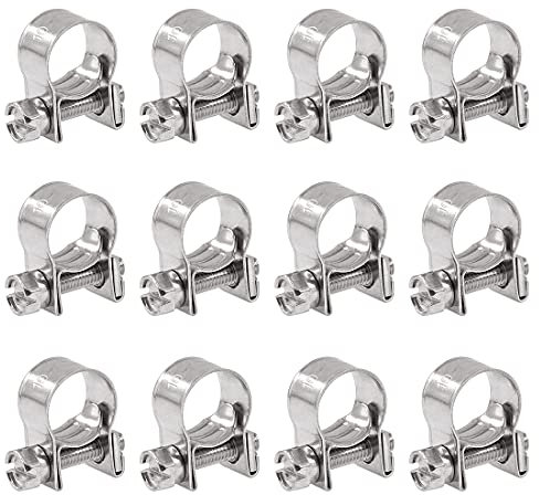 Glarks 12Pack 10-12mm Stainless Steel Mini Fuel Injection Hose Clamps Adjustable Pipe Hose Clip Tube Clamps Set (13/32''-15/32'' Dia)