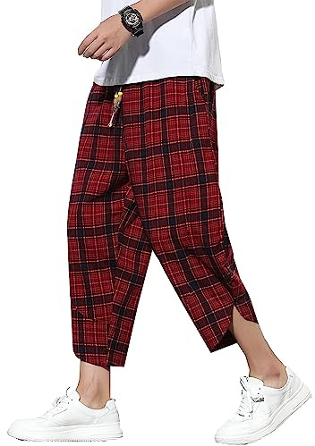 DOSLAVIDA Herren Casual Elastische Taille Leinen Capri Hose Weites Bein Baggy Baumwolle Harem Yoga Hose Lose Patchwork Shorts - - Groß