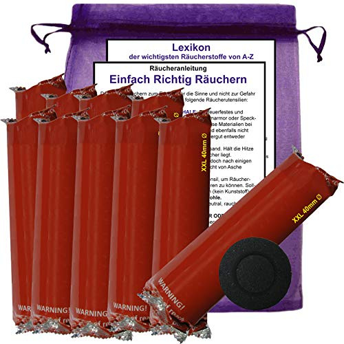 RÄUCHERKOHLE groß 40mm ∅ Premium 100x Schnellzünder rauchfrei rußfrei Tabletten zum RÄUCHERN für JEDES Räucherwerk. 10 Rollen mit Räucheranleitung und Stofftäschchen 95840-KL10