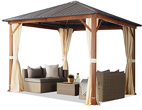 TOOLPORT Gartenpavillon 3x3 m Holzoptik, Stahldach Hardtop 4 Seitenteile in Champagner