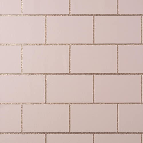 Metro Tile Wallpaper Rose Gold Pink Metallic Textured Vinyl Glitter
