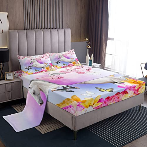 Loussiesd Juego de sábanas bajeras de Caballo para niñas, diseño de Flores de Cerezo Rosa, Juego de Ropa de Cama de Caballo galopante para niños y Adolescentes, Colorido Arco Iris, Femenino, Morado,