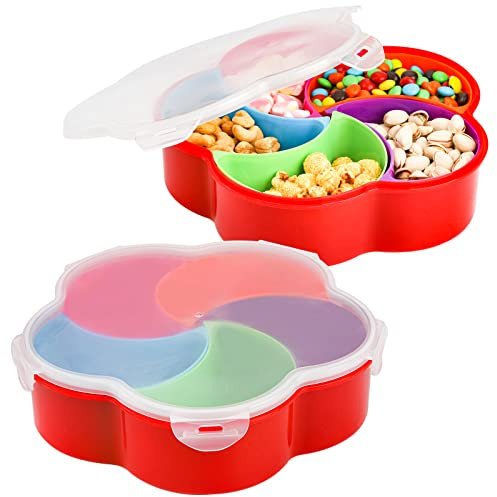 ZEAYEA 2 Pack Divided Serving Tray with Lid, Candy and Nut Serving Container, 5 Compartment Plastic Appetizer Veggie Tray, Food Storage Lunch Organizer for Meal Prep, Party, Camping, Picnic