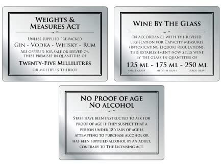Mileta Weights & Measures Act 25ml Sign Wine by the Glass 125ml 175ml 250ml - Pack of 3 Signs, Silver, 210 x 148mm