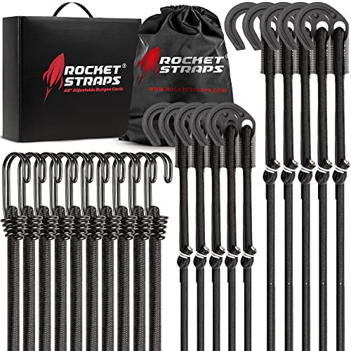 Rocket Straps - Ultimate Adjustable Outdoor Bungee Cord Assortment - Heavy Duty Set of 20 Bungee Cords (36) Double-J Hooks - Elastic Straps for Camping, Securing, and DIY Multipurpose